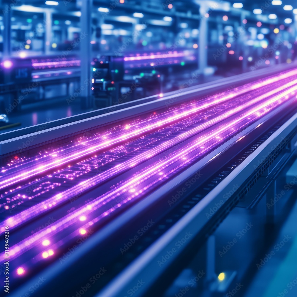 Poster futuristic automated factory production line with glowing data stream
