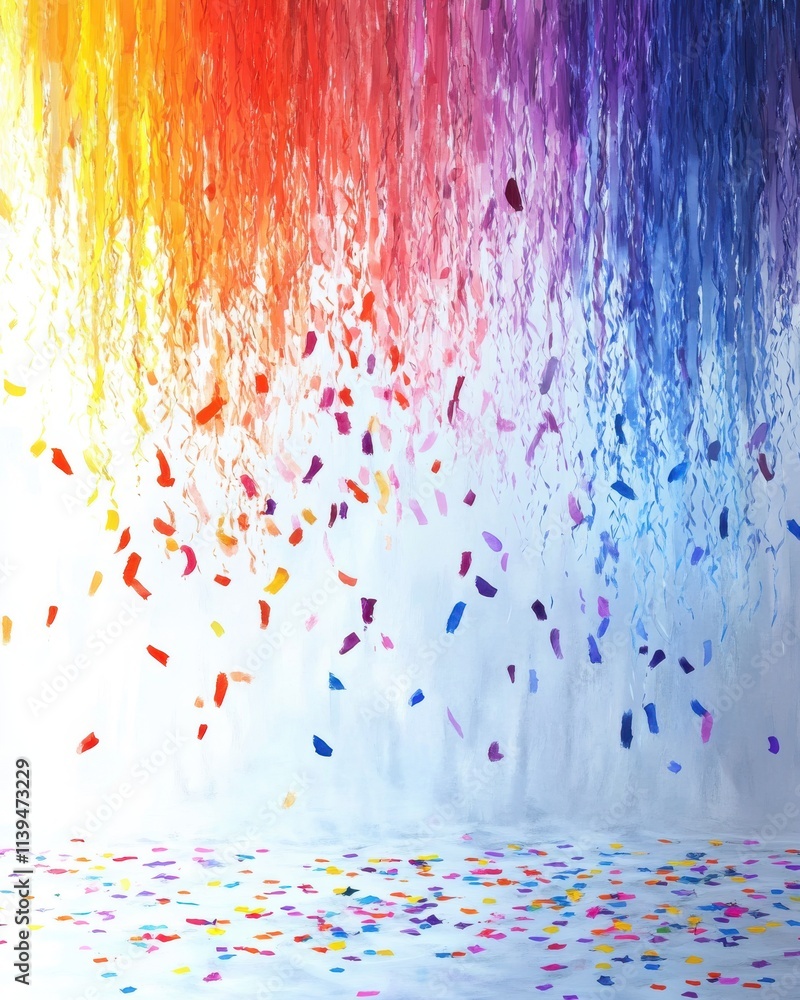 Poster vibrant abstract art with cascading colors and confetti, creating a festive atmosphere full of joy a