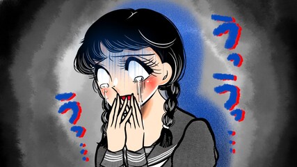 ショックで涙を流す昭和少女漫画風おさげ髪の女の子イラスト
