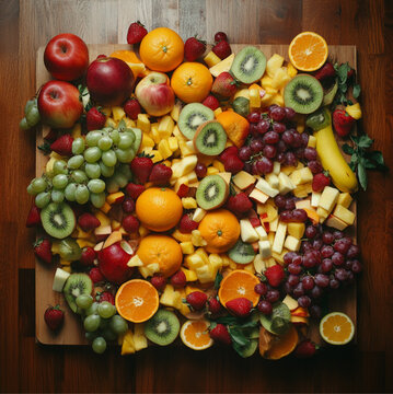  top-down view of a wooden table covered, an array of vibrant, fresh fruits. includes a variety of fruits such as ripe red apples, golden bananas, juicy oranges, plump grapes, strawberries, kiwi slice