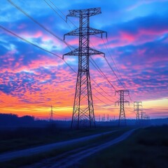 A stunning sunset illuminated by vibrant colors behind towering power lines, creating a dramatic landscape.