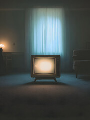A television is turned off in a dark room. The room is empty except for a couch and a chair
