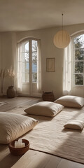 Cozy minimalist interior with natural light and soft furnishings for relaxation and comfort
