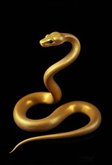 Obraz premium Captivating Golden Snake in an Elegant Pose, Its Shimmering Scales Adorned with Intricate Gold Leaf Patterns, Set Against a Bold Black Background for Maximum Impact