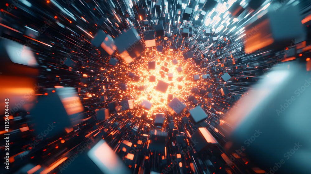 Poster abstract image of dynamic flying cubes illuminated by a radiant orange core, creating a futuristic a