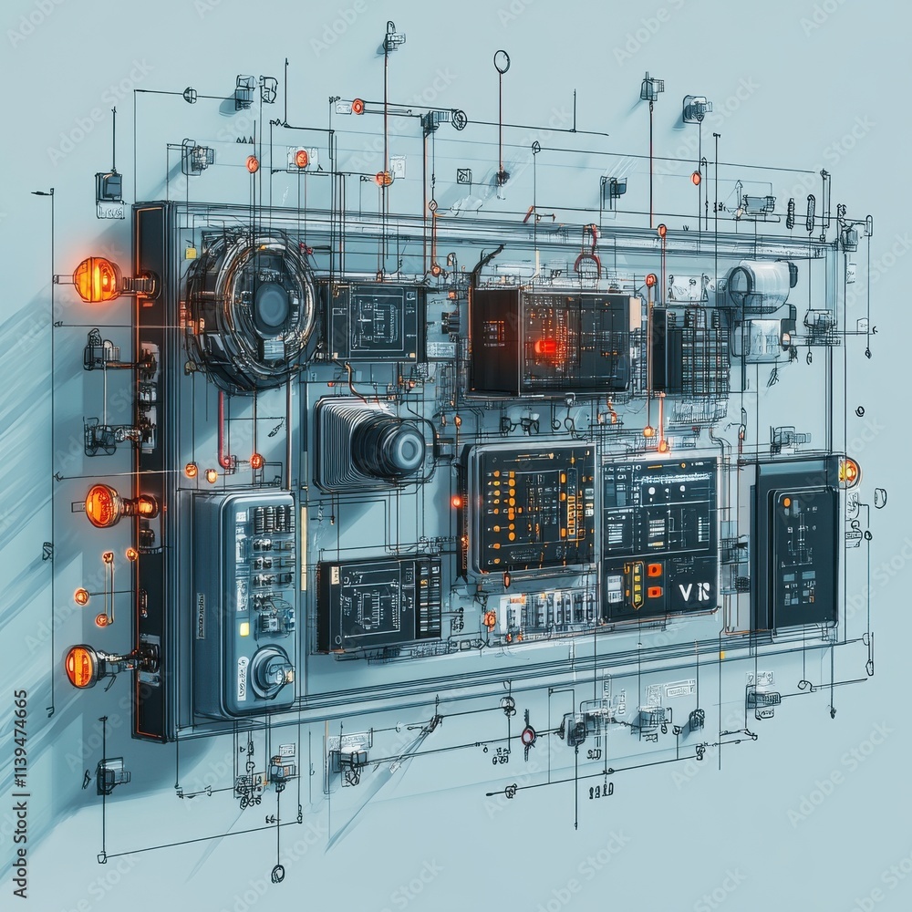 Poster futuristic technological interface with intricate circuitry, illuminated elements, showcasing virtua