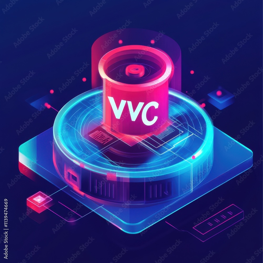 Poster futuristic digital representation of a virtual container labeled 'vvc', showcasing vibrant neon colo