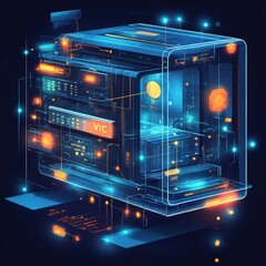 Fototapeta premium Futuristic computer server illustration with glowing blue and orange elements against a dark background.