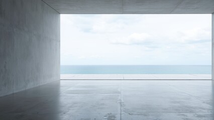 Minimalist modern architectural car showroom featuring smooth concrete flooring, unfinished concrete wall, large window with serene ocean view under pale blue sky, and a calm, clean aesthetic