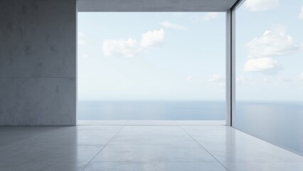 Obraz premium Minimalist modern architectural car showroom featuring smooth concrete flooring, unfinished concrete wall, large window with serene ocean view under pale blue sky, and a calm, clean aesthetic