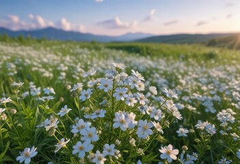 Fototapeta premium Pastel blue sky with clusters of small white wildflowers dotting the landscape, white flowers, delicate blooms, pastel sky blue