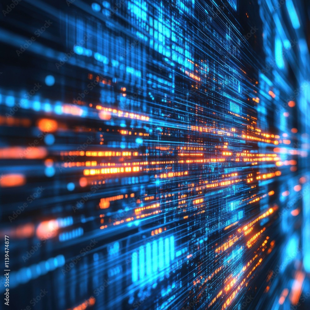 Poster abstract digital data streams in vibrant blue and orange, creating a sense of speed and technology.