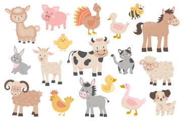 Cute farm animals set. Big set of cartoon farm animals and pets for kids.