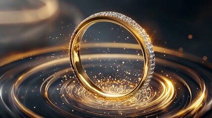 A sophisticated 3D jewelry ad with a gold and diamond ring in the center, surrounded by radiant light effects and luxurious branding elements, creating an upscale and timeless atmosphere