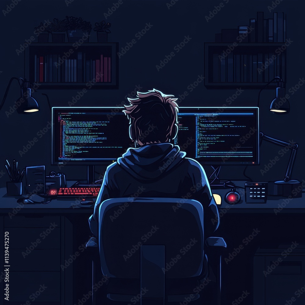 Poster a male programmer, focused and immersed in coding, sits in a dimly lit room with dual monitors displ