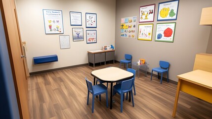 Empty pediatric clinic featuring vaccination posters, conveying a message of preparedness and public health awareness in a serene and hygienic environment