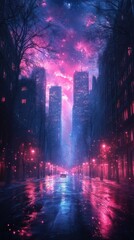 A vibrant, neon-lit cityscape at night, reflecting colorful lights on a wet street.