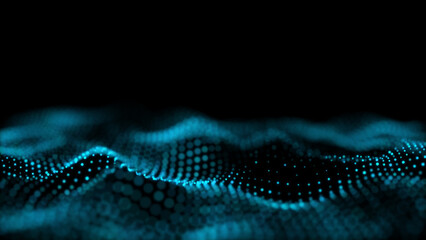 Blue glowing circles particles wave at the bottom on a black abstract background, bokeh effect, horizontal composition. Event and banner background.