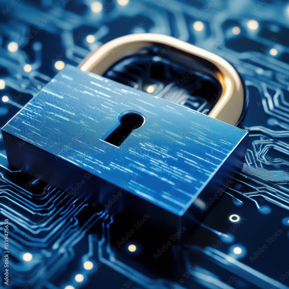 Poster close-up of a metallic padlock on a digital circuit background, symbolizing data security and encryp