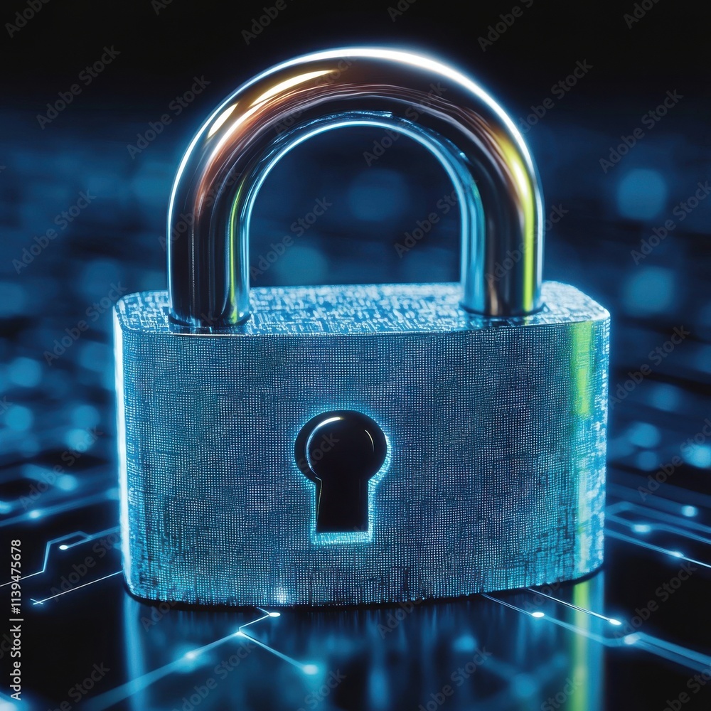 Poster a metallic padlock glows on a digital circuit background, symbolizing cybersecurity and data protect