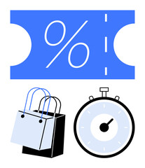 Blue coupon with percentage, black and light blue shopping bags, and a black and white timer. Ideal for sales, special offers, discounts, retail promotions, time-limited deals, shopping events