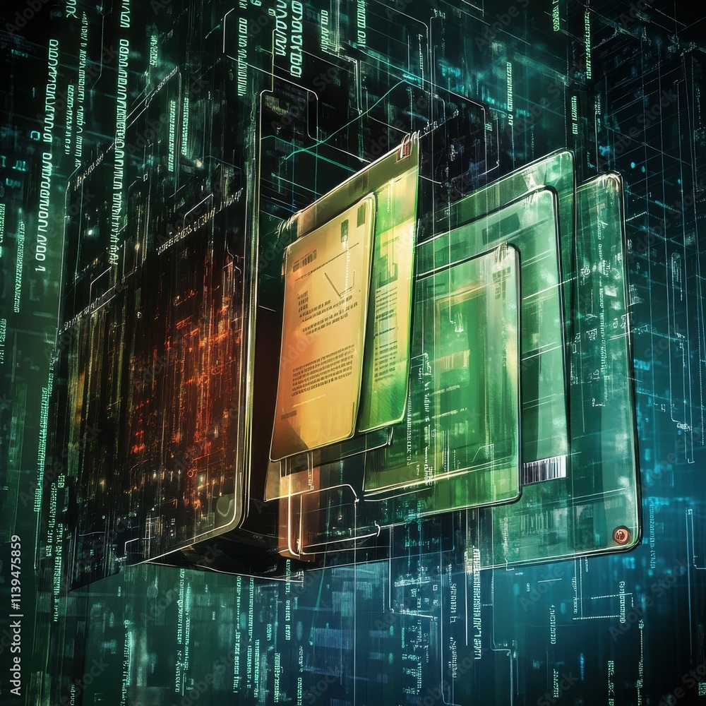 Poster futuristic digital interface showcasing transparent screens in vibrant colors against a backdrop of 
