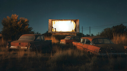 Three old cars are parked in a field next to a large billboard. The cars are rusty and the billboard is faded. The scene has a nostalgic and somewhat eerie feel to it