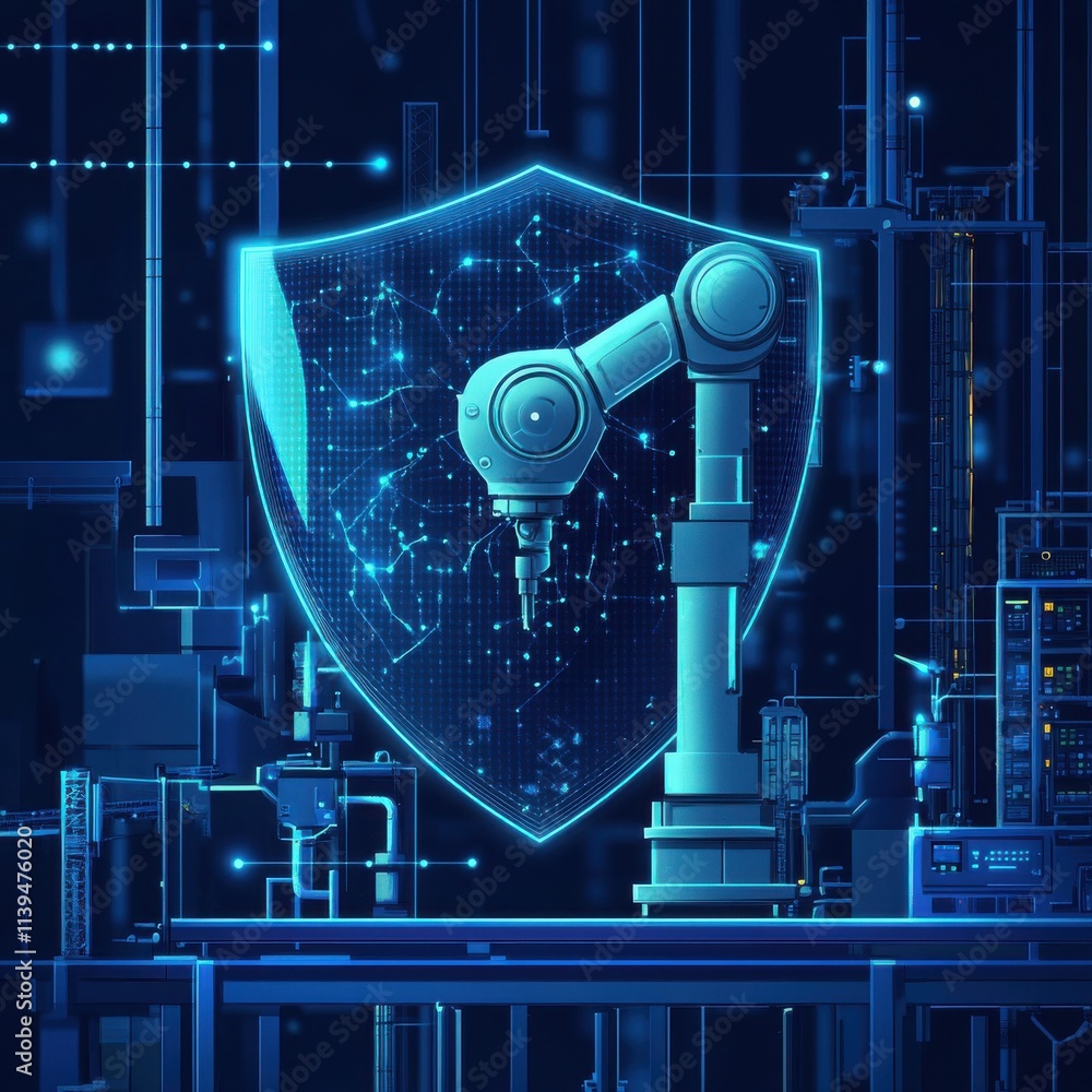 Poster a futuristic robotic arm embedded within a digital shield, symbolizing advanced technology and secur
