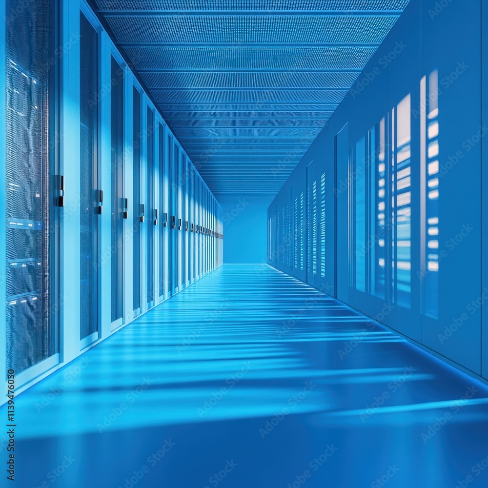 Poster a modern data center hallway illuminated in blue, showcasing rows of server racks in a sleek, futuri