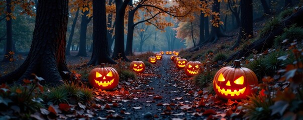 Jack o lanterns lit up a winding forest trail, autumnal pathway, leafy canopy, dark forest