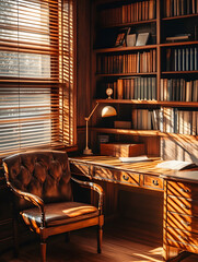 A wooden desk with a leather chair and a lamp. The desk is surrounded by bookshelves filled with books. The room is well lit and cozy, creating a comfortable atmosphere for reading and working
