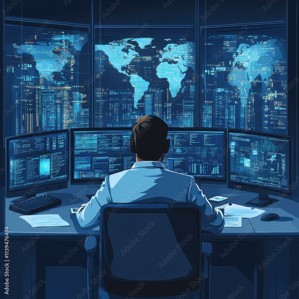 Poster a focused male in a white lab coat monitors multiple screens in a high-tech control room, analyzing 