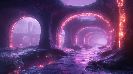Advanced alien cityscape featuring surreal architecture and glowing elements images