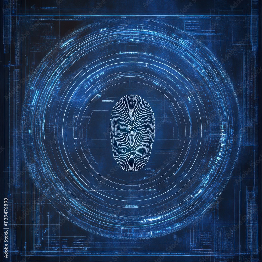 Poster futuristic digital fingerprint on a blue background, symbolizing security and identity verification.