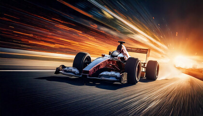 A sleek Formula 1 racing car speeds down a sunlit track, leaving a trail of motion blur in its wake.