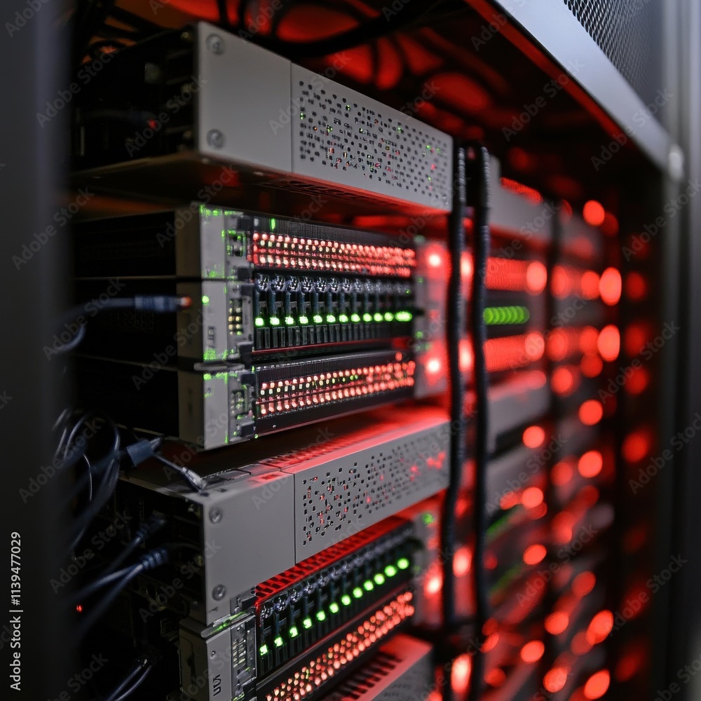 Poster Close-up view of a network server with vibrant red and green lights, showcasing advanced technology and connectivity.