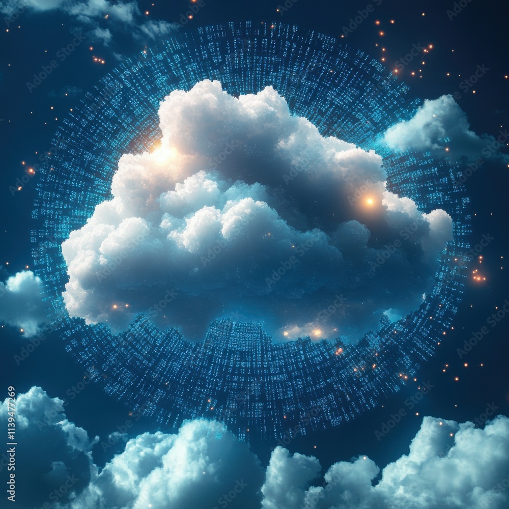 Poster a digital cloud surrounded by glowing binary code, symbolizing technology and data storage.
