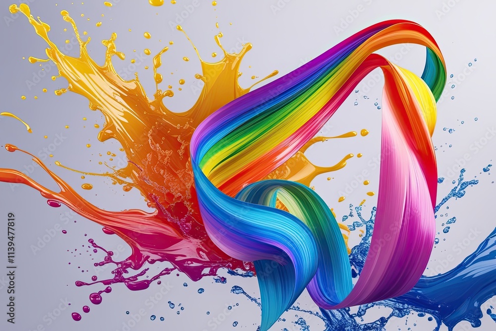 Poster enchanting rainbow brushstroke ribbon flow in dynamic abstract splash scene