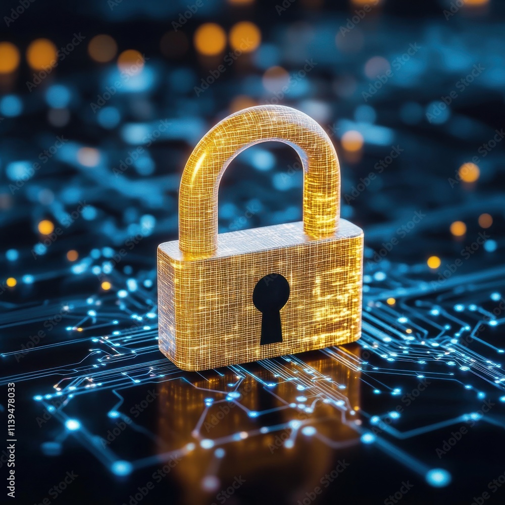 Poster an illuminated digital lock symbolizing cybersecurity and data protection in a tech-savvy environmen