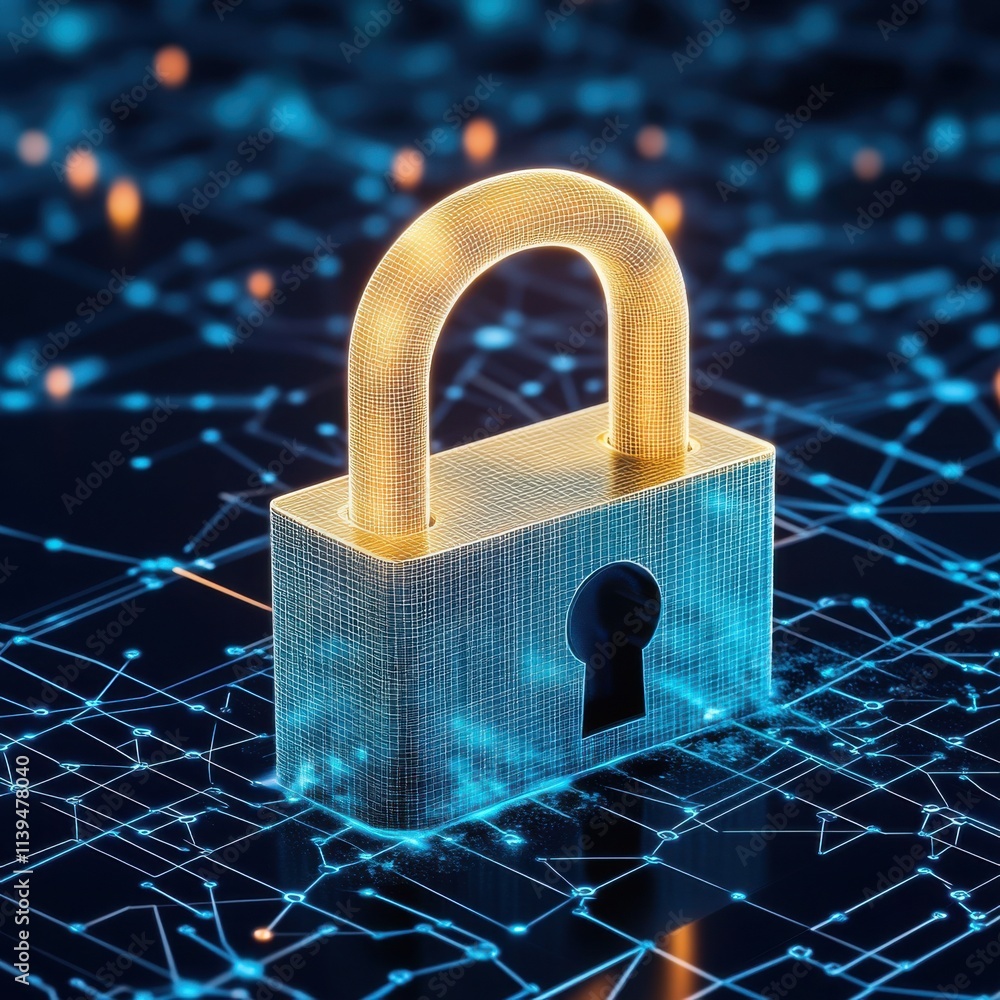 Poster a futuristic digital lock symbolizing cybersecurity with glowing lines on a dark background.