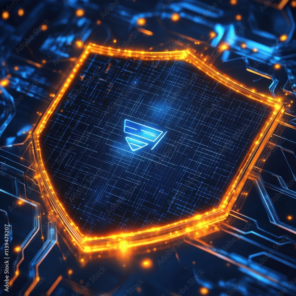 Poster a digital shield symbol with glowing circuits, representing cyber security and protection in technol