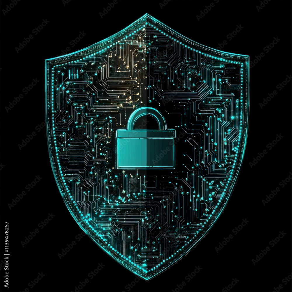 Poster digital shield with padlock symbolizing cybersecurity and data protection in a high-tech environment