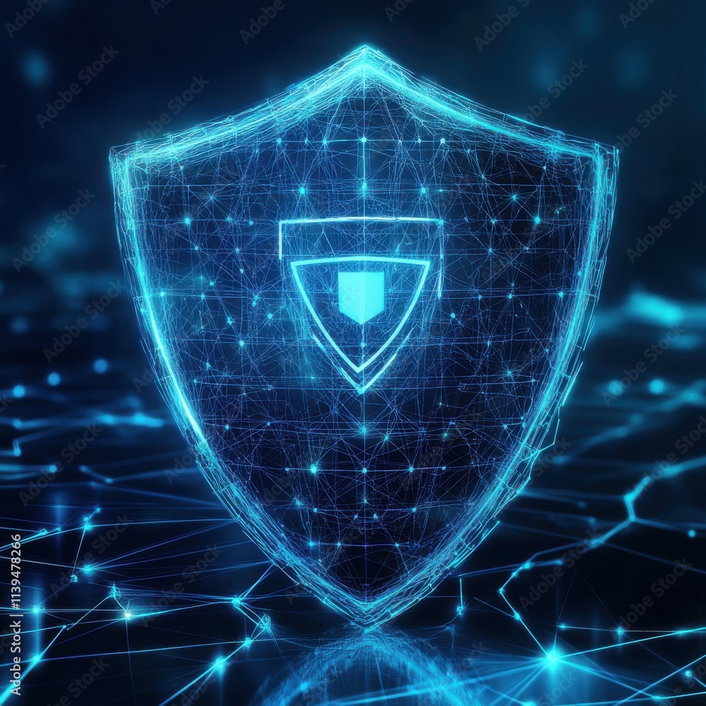 Poster a glowing blue digital shield symbolizing cybersecurity, surrounded by a network of interconnected d