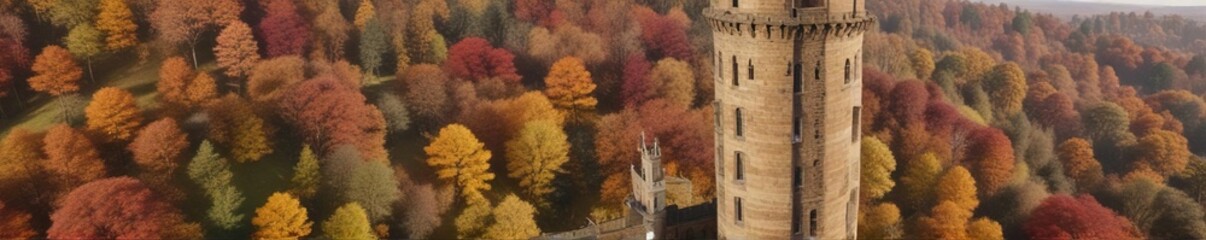 Drone captures Alfred's Tower amidst vibrant autumn hues, autumn colors, foliage