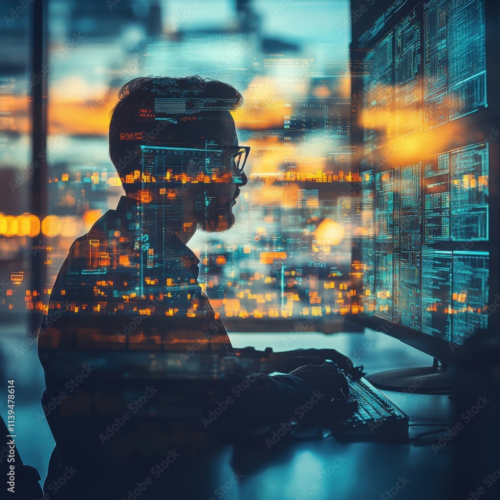 Poster silhouette of a male professional working intently on a computer with a digital overlay, creating a 