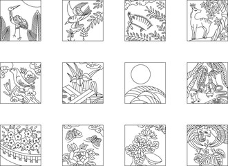 12種類の正方形花札アイコンセット