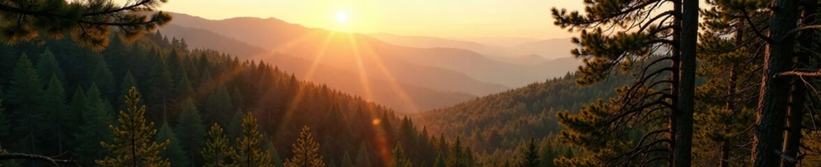 Fototapeta premium Dense fir forest with golden light filtering through trees and hills in the distance, serene atmosphere, trees, brown, woods