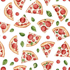 Watercolor seamless pattern of Pizza Pepperoni, isolated on a white background, vibrant and artistic. PNG