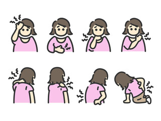 いろいろな身体症状の、女性のアイコン（線画カラー）のイラストセット
