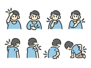 いろいろな身体症状の、男性のアイコン（線画カラー）のイラストセット